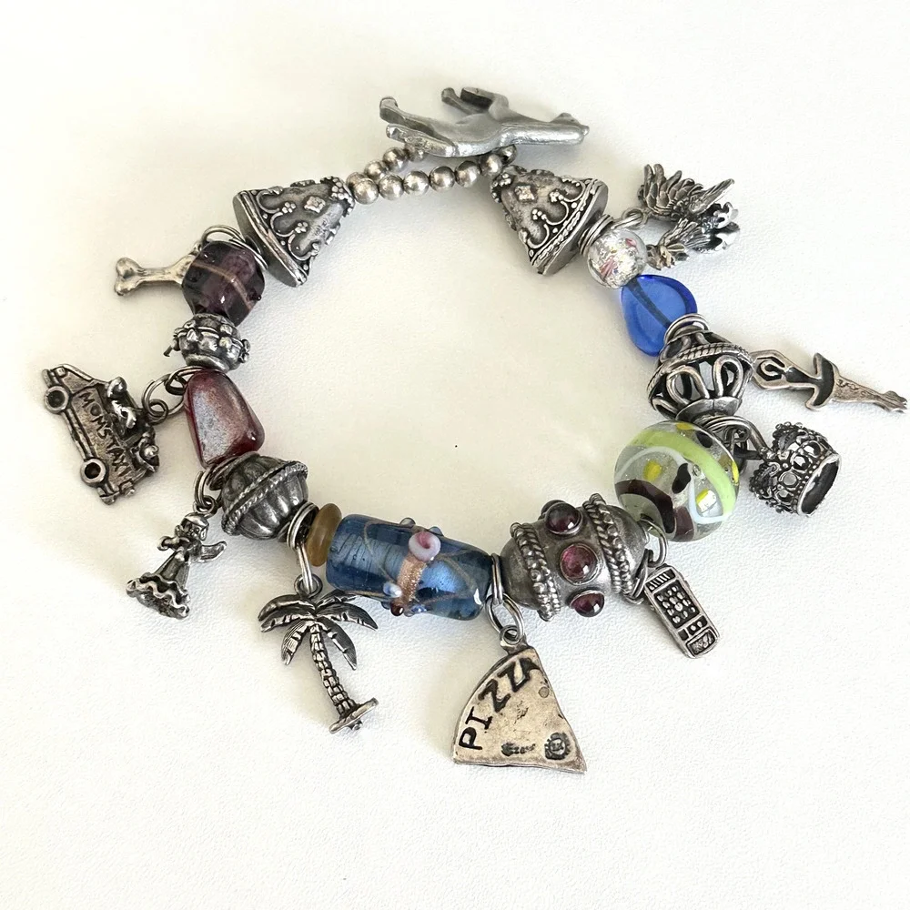 Vintage 925 Sterling Silver Garnet Murano Art Glass Loaded Charm Bracelet 7